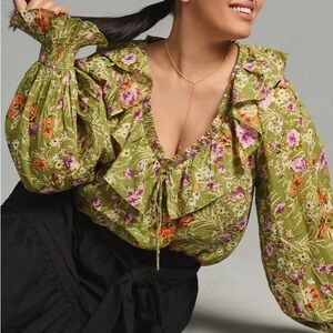 Anthropologie Ruffle V Neck Floral Peasant Blouse Brand New with Tag!